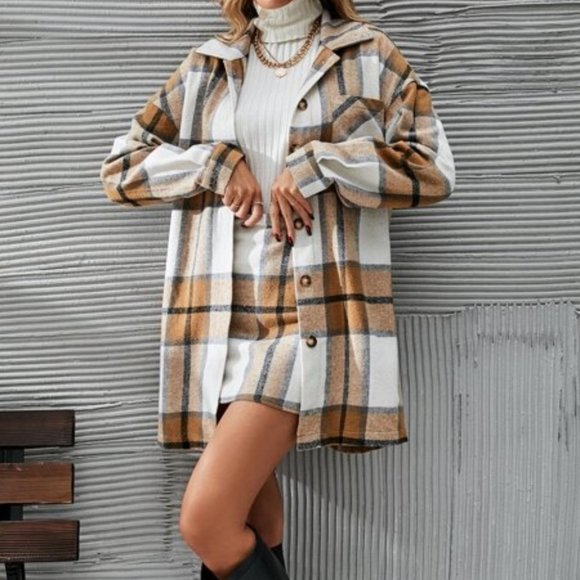 2 piece set Plaid Print Button Front Overcoat & Skirt Tan - Picture 5 of 6